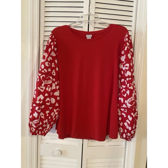 Chico's Tops - Chico's Women's Size 3 Valentine's Red White Love Hart Puff Sleeve Top Shirt